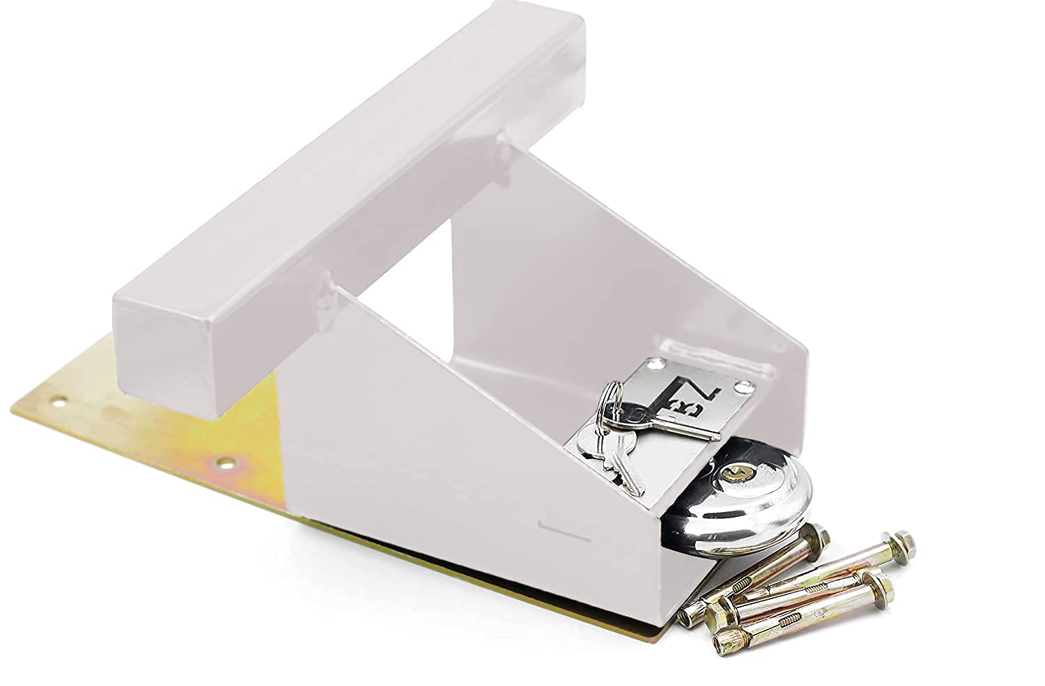 B&Z | Cerradura de seguridad resistente irrompible hacia arriba y sobre el garaje Soporte de garaje Candado Cerradura de cobertizo con placa de metal de piso grueso, pernos y fijaciones - Blanco