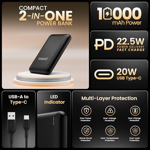 Image of SAL-PB219 10000mAh Power Bank, 22.5W PD Fast Charging, USB-A and Type-C Ports, Smart Chip Protection, LED Indicator, Thin and Lightweight, Portable Design, Includes Charging Cable (Black)