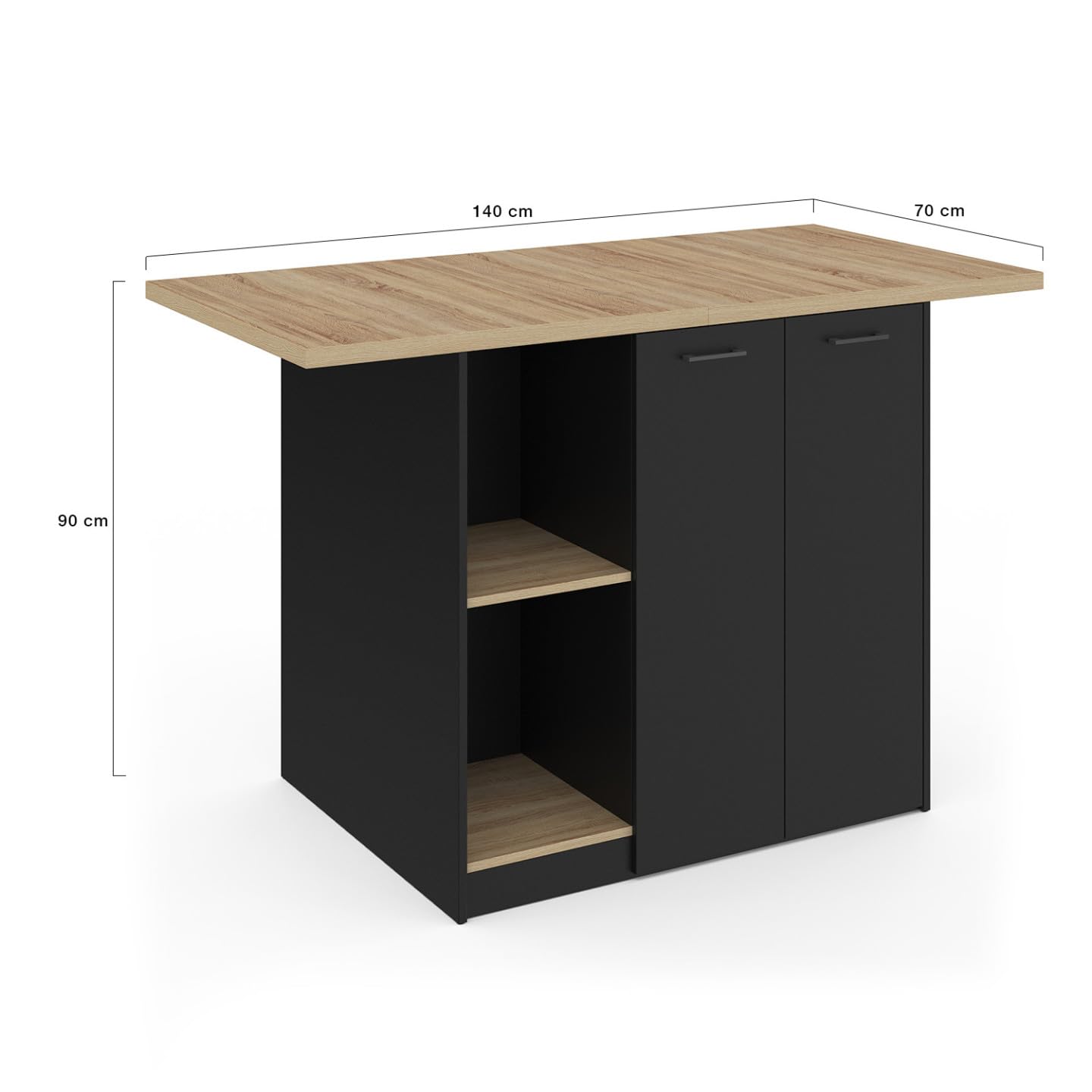 IDMarket - Ilot central BAO 140 cm 4 personnes bois noir avec plan de travail façon hêtre