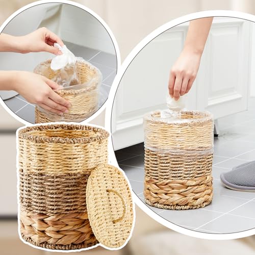Image of Ctosree 1.3 Gallons Small Trash Can with Lid Handle Boho Woven Braided Bathroom Waste Basket Trash Can with 100 Garbage Bags for Bedroom Office Laundry(Braided Wicker, Primary Color)