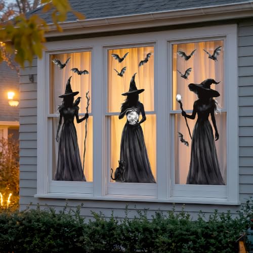 Halloween Decorations Window Clings 3 Large Witch Window Decals Double Sided Window Clings Spooky Witch Black Cat Bats Gothic Decor for Glass Windows Holiday Party Home Indoor Decoration 3 Sheets