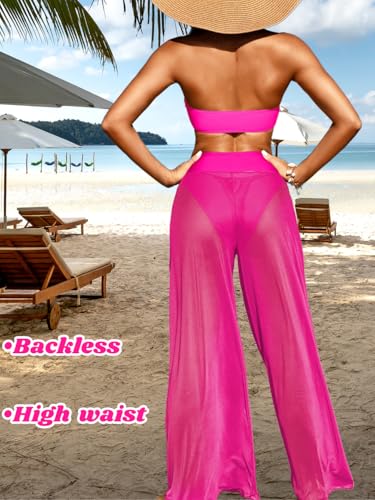 Women 3 Piece Sexy Swimsuit, Bandeau Strapless Bikini Set, Color Block High Waisted Bathing Suit Cover Up Pants Beach3