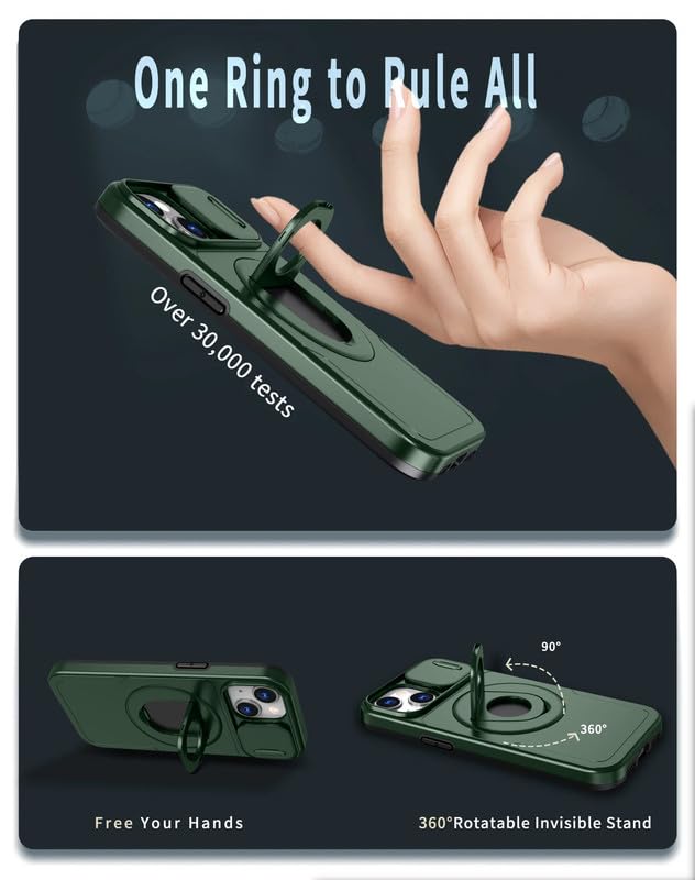 Image of LuxuryKase MagSafe Shockproof Rugged Back Case for iPhone 14 Plus | Finger Ring Kickstand & Sliding Camera Cover | Military Drop Protection | Wireless Charging Support - Dark Green