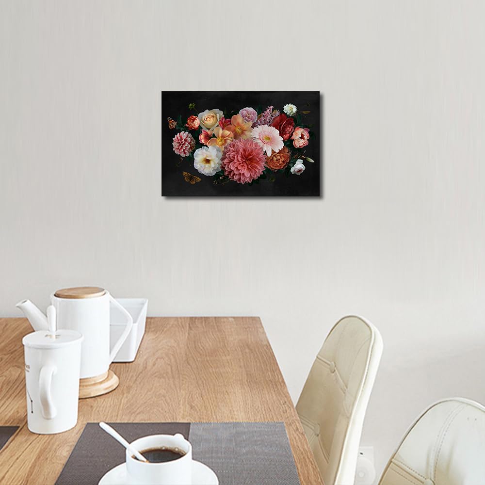 TISHIRON Canvas Wall Art Luxurious Luxurious Baroque Painting Garden Flowers Pink and White Peonies Artwork Print for Bedroom Kitchen Living Room Home Decor Framed Ready to Hang (30 x 45cm) - Image 2