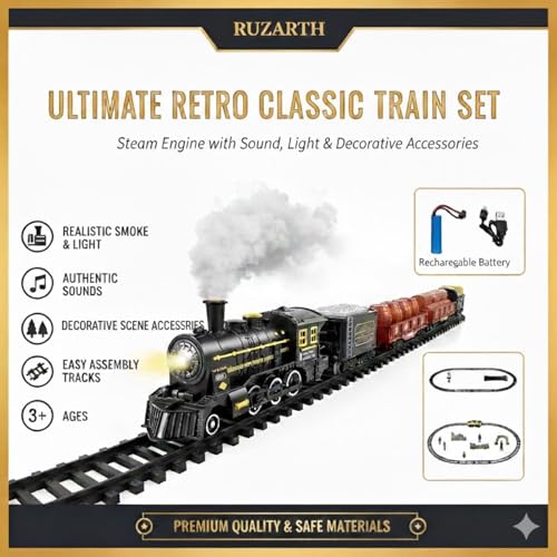 Image of Classic Steam Train Set for Kids 3+ with Real Smoke, Light & Sound, Rechargeable Battery Operated Electric Railway Toy with 155CM Track & Cargo Cars, Gift for Boys & Girls