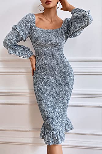 Image of PRETTYGARDEN Women's Long Puff Sleeve Floral Midi Bodycon Dresses Square Neck Ruffle Mermaid Smocked Dress