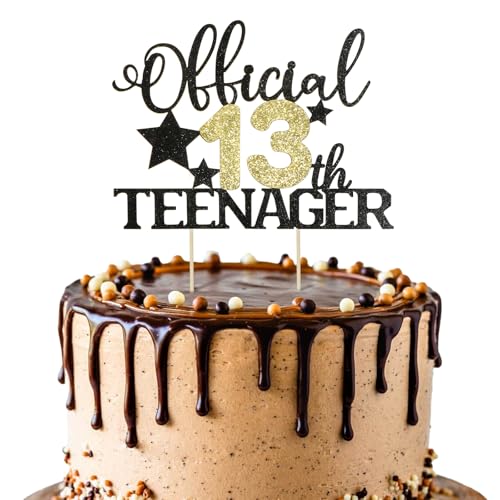 BOOMTOP Offiziell Teenager 13 Cake Topper 13 Geburtstag Jungen Mädchen Deko Glitzer Cupcake Toppers Official Teenager 13 Geburtstag Kuchen Dekoration 13 Jahre Geburtstagstorte Deko Gold Schwarz