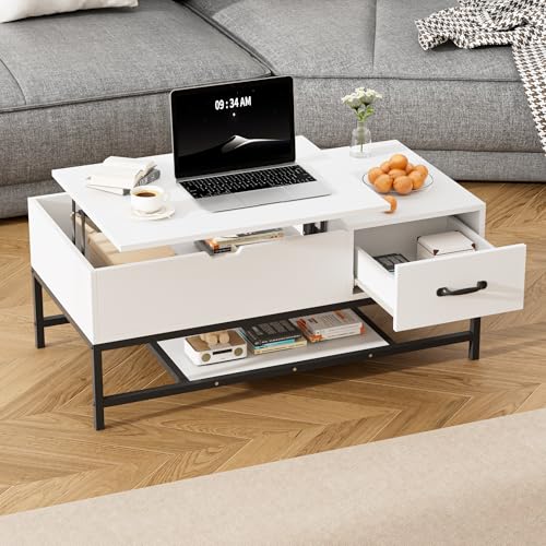 BonVache Table Basse Hauteur Réglable, Table de Salon,Table pour Salon, Table de Café,Blanc