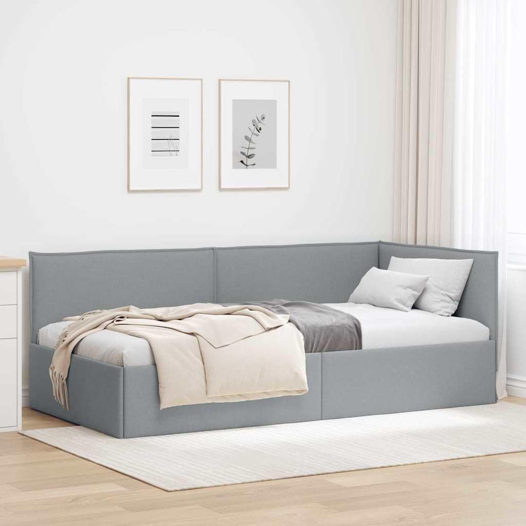 Tkanina oddychająca narożna z drewna inżynieryjnego Jasnoszary 80 x 200 cm | Rama łóżka narożnego Jasnoszary 80 x 200 cm tkanina z listwami, sofa tapicerowana do sypialni, L-kształtna platforma