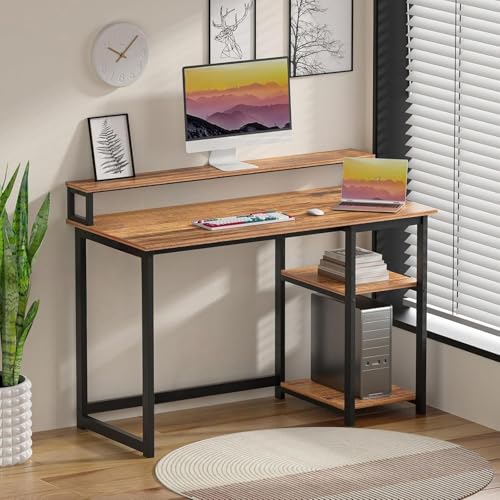 Image of Study Table with Monitor Stand| Small Home Office Desk with Ergonomic Monitor Stand| Reversible Computer Desk| Modern Study Desk| Laptop Desk| Walnut Cream| 120x60x75 CM
