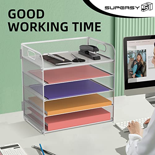 Supeasy 5 Trays Paper Organizer Letter Tray With Handle-Mesh Desk File Organizer White Paper Sorter Desk Organizer For Office,Home Or School #TOP1