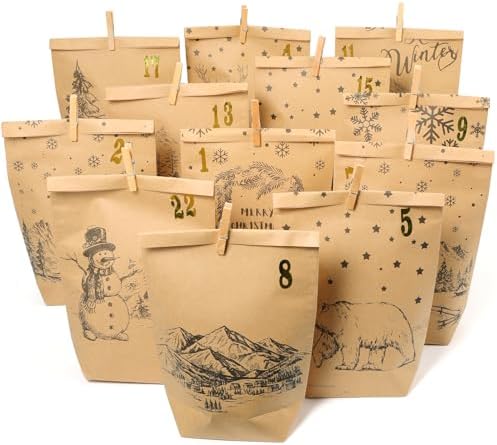 PANSIBY Calendrier De L'Avent à Remplir, 24 Sacs De L'Avent En Papier à Bricoler Soi-même, Avec Autocollants Numérotés De 1 à 24 à Remplir Soi-même