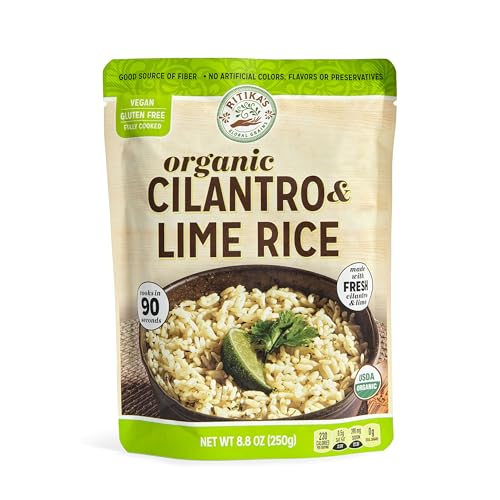 Ritika’s Global Grains Certified Organic Cilantro Lime Rice, Ready in 90 Seconds, 8.8 oz Pouches (6-Count Pack)