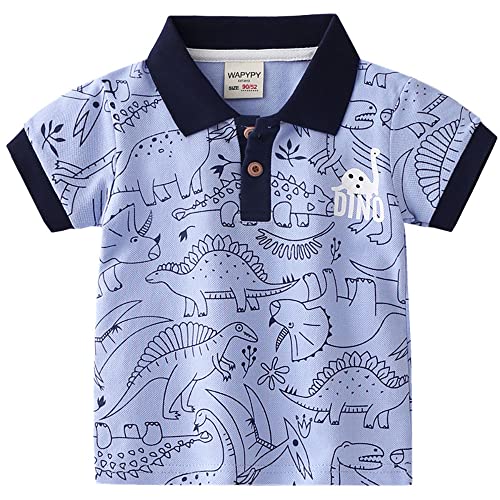 2 Pack Baby Boy Button Down Short Sleeve Shirt Toddler Cool Cartoon Dinosaur Print Dress Tops Polo T-Shirt,Blue+White,2-3T #TOP4