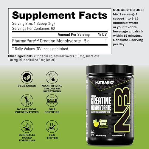 Image of NutraBio Pure Micronized Creatine Monohydrate Powder Supplement, Lemon Burst, (300 g) - Supports Bulk Muscle Energy, Recovery, and Strength - HPLC Tested Creatine Powder Supplement for Men and Women