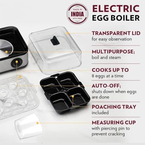 Elina Smart Stainless Steel Egg Boiler and Poacher | Boil up to 8 Eggs, Poach 4 eggs - 500 Watts | 3 Boiling levels: Soft, Middle and Hard | Auto... - Image 4