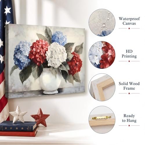 Image of RIBNTAK Patriotic Hydrangea Wall Art USA Red White Blue Flower Vase Print Pictures Wall Decor Canvas Painting Artwork Decorations for Bedroom Bathroom Kitchen Living Room,Made in USA