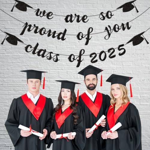 Image of JUESMOS 2025 Graduation Banners Party Decorations Black Glitter We are So Proud of You Grad Banners Class of 2025 Graduation Decorations High School College University Grad Party Supplies