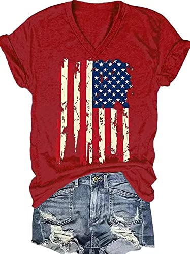 4th of July V Neck Patriotic T-Shirts Women American Flag Print Faith Family Freedom Letter Casual Short Sleeve Tee Tops