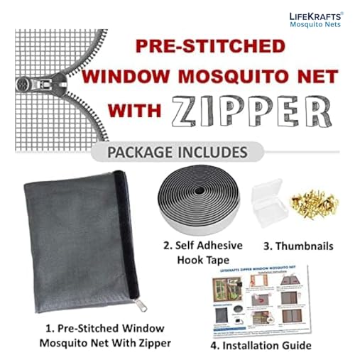 Image of LifeKrafts Pre-Stitched Zipper Window Mosquito Net Premium Edition 120 GSM Fiberglass Net & Strong Adhesive Hook Tape. Height90cms X Width120cms (35x47 inches or 3x3.9 feet)-Grey