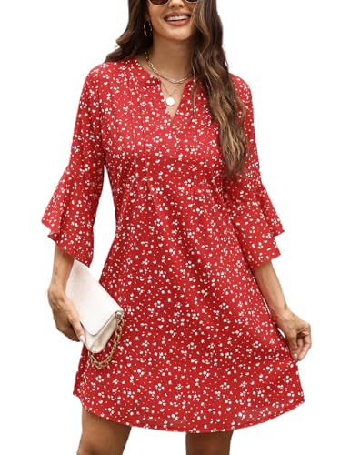 CiCiBird Summer Dresses for Women 3/4 Sleeve V Neck Dress Casual Vacation Clothes Red Print Medium