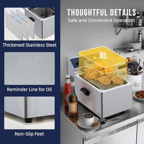 GarveeHome Electric Deep Fryer Stainless Steel with Basket, 8L/8.45QT Countertop Fryers, 1600W Single Tank Electric Fryer for Kitchen, Restaurant and Commercial Use, Temperature Adjustable 140-392℉