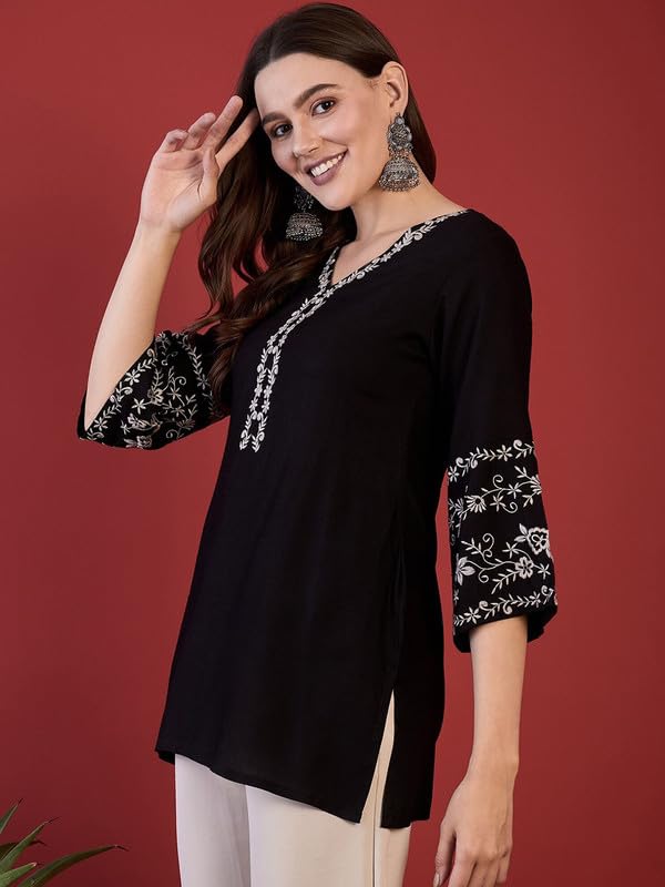 Image of Women's Ethnic Printed Rayon Short Kurta | Stylish Round Neck V-Slit Straight Kurti | Comfortable, Office & Casual Kurta for Jeans, Leggings & Trousers