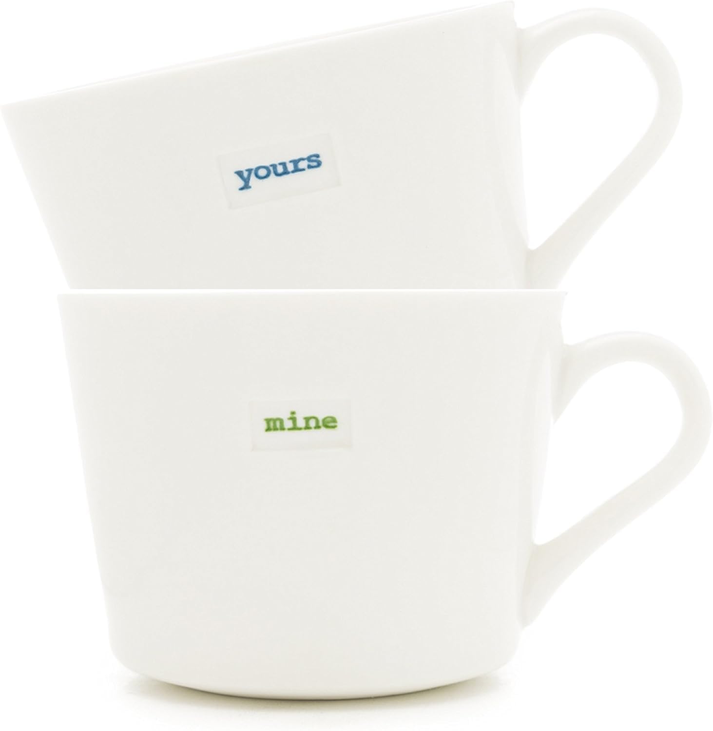 Keith Brymer Jones - Word Range - Small Ceramic White Mug Pair - 280ml - Yours (Blue) & Mine (Green)