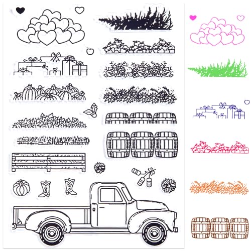 CRASPIRE West Farm Autumn Truck Clear Rubber Stamp Flowers Village Pumpkin Vintage Transparent Silicone Seals Stamp Retro for Journaling Card Making DIY Scrapbooking Handmade Photo Album Decor