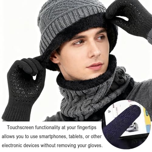 XILEPINGAN Wintermütze Schal Touchscreen Handschuhe Set - Unisex Beanie Strickmütze Winterschal Thermo Handschuhe,Wintermütze Strickmütze Schlauchschal Strickhandschuhe mit Fleece Gefütterte (Grau)