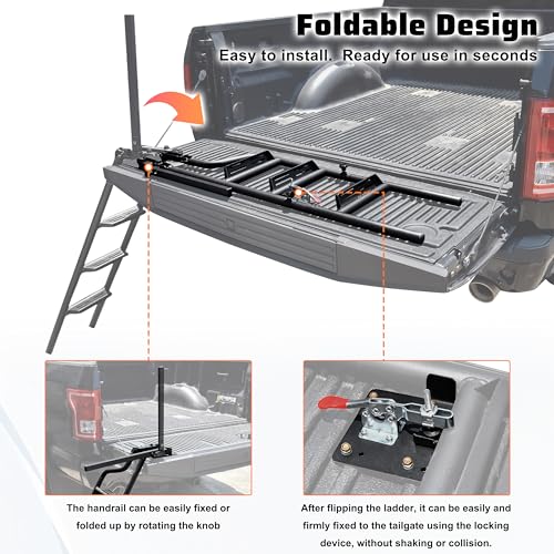 LDETXY Universal Pickup Truck Tailgate Ladder, 45" Heavy Duty Foldable Pickup Truck Bed Tailgate Ladder Step with Handrail Non-Slip Wide Pedal, for F250, RAM 2500 etc.