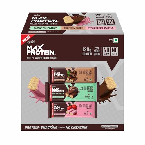 Image of RiteBite Max Protein Wafer Bars with Millets, All Flavors (Pack of 12), 10g Protein, No Maida, No Palm Oil, Zero Added Sugar, Healthy Wafer Snack, 480g