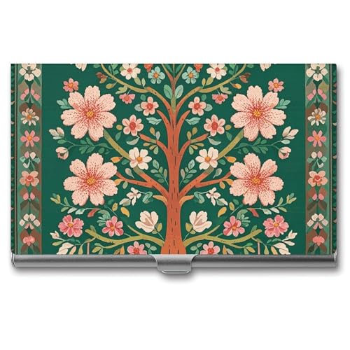 Slim Metal Business Card Holder - Green Tree of Life Aluminum Alloy Card Case with Buckle Closure, Holds 20 Cards & Cash, Professional Credit Card Size ID Holder for Men Women Gift