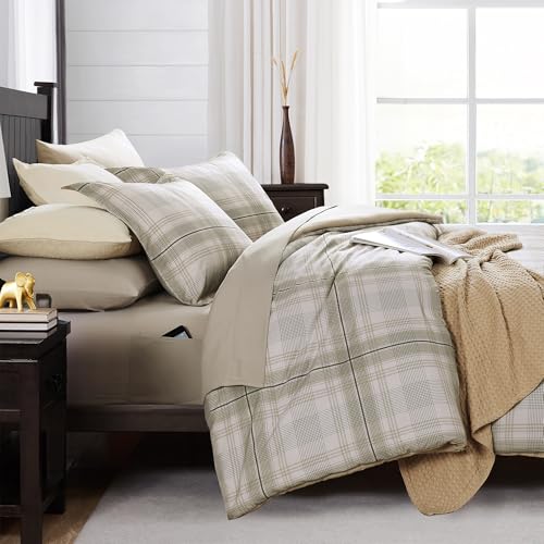 Image of MaiReve Plaid Queen Comforter Sets, Khaki Green Grid Farmhouse Bedding Set Bed in A Bag, Classic Checkered Comforter Sets with Fitted & Flat Sheet, Pillowcases & Shams 90 inchx90 inch