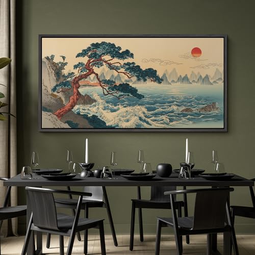 Image of MUDECOR Extra Large Framed Canvas Print Wall Art Traditional Asian Coastal Pine Tree Sunrise Landscape Antique Retro Ready to Hang Painting for Living Room Bedroom Multi-Sizes - 60 inchx30 inch
