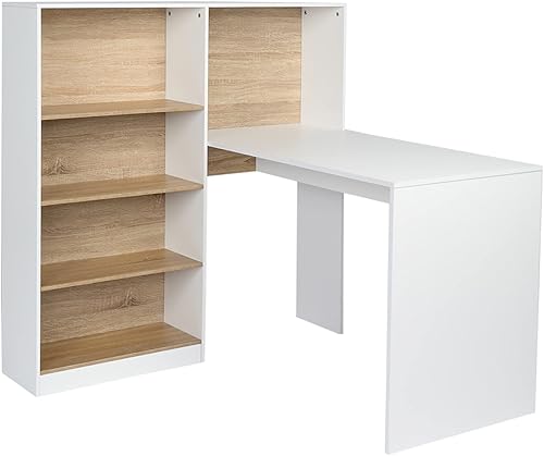 LUKEO - Escritorio de oficina para computadora portátil escritorio de estudio en forma de L con estantería de 4 niveles estación de trabajo para