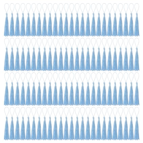 Image of 100 Pcs Bookmark Tassels Bulk Light Blue Soft Craft Silky Handmade Mini Tassels for Jewelry Making with Loops for DIY Craft Accessory Dress Decoration