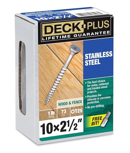 Image of Deck Plus 2-1 /2 Inch Epoxy Coated Exterior Wood and Fence Screws #10 x 2-1 /2 inch Torx /Star Drive Included Coarse Thread, Outdoor Rust Resistant Decking Screw, Silver, 1lb Box, 73 Pieces | 48464