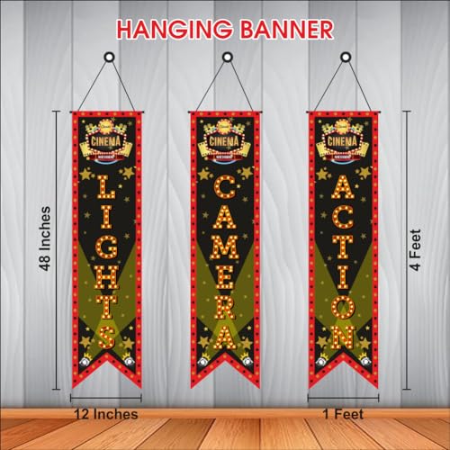 Image of Bollywood Light Camera Action Movie Night Porch Sign Banner | Bollywood Backdrop for Movie Party Decorations (Pack of 5, Multi Color, Size: 5x1 Feet)