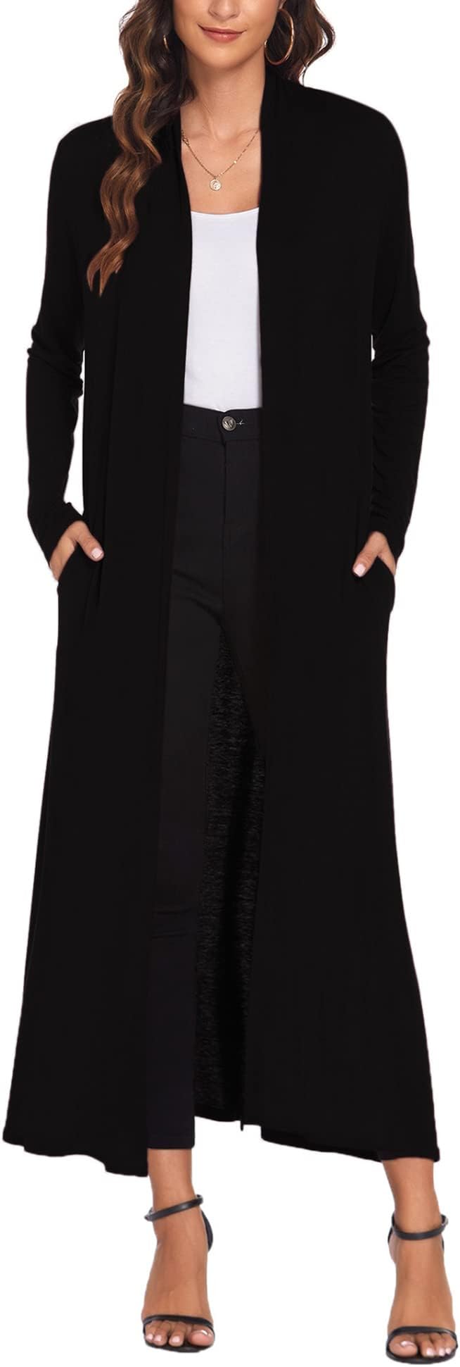 Women Floor Length Open Front Cardigan Lightweight Long Sleeve Maxi Duster with Pockets (S-3XL)
