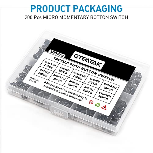 Qteatak JF-0022-03 200Pcs 6 * 6Mm 10 Sizes (4.3,5,5.5,6,6.5,7,7.5,8,9,10Mm Height) 2 Pin Momentary Tactile Tact Push Button Switch Through Hole Breadboard Friendly thumb #4