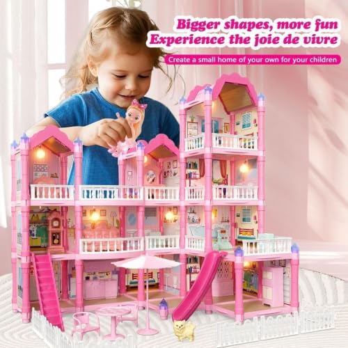 Image of Large Pink Princess Dollhouse for Girls, 3-Storey Doll House Playset with Furniture, Slides, Stairs, Swing, Balcony, Kitchen & Bedroom Accessories, Pretend Play Toy for Kids Ages 3+