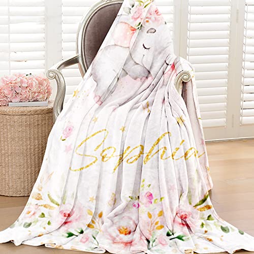Image of Personalized Elephant Blanket with Name for Girl Custom Blanket for Teens