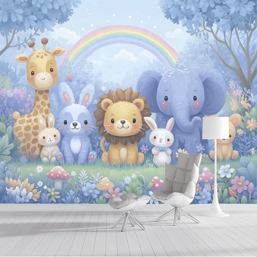 Papel Pintado Animales del bosque 450x356cm Fotomurales Para Pared 3D, Jirafa tigre Papel Tapiz Pintado En Tejido de seda - Pared Moderna,azul claro Murales Fotográficos Decorativos