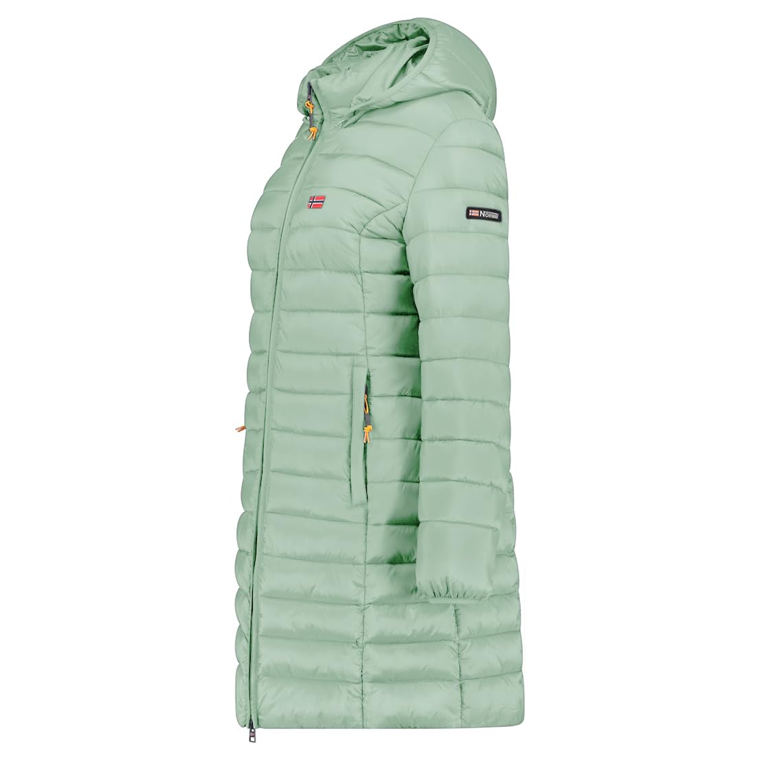 Geographical Norway Atikolor Lady Long Hood Parka Mujer Larga con Capucha Cremallera Central Poliamida Cortavientos Bolsillos Laterales Parche Brazo Bandera Pecho