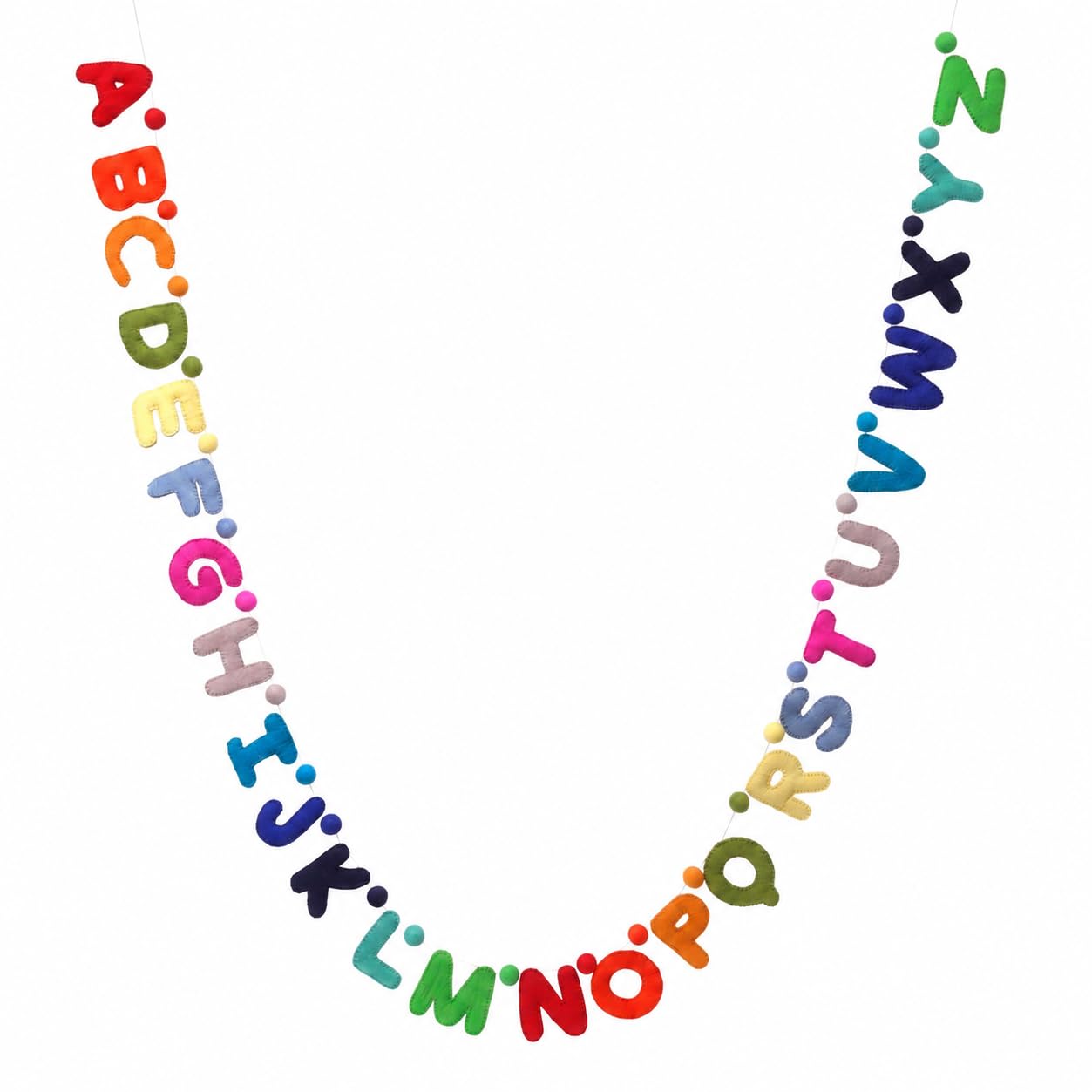 Glaciart One - Ghirlanda con lettere e palline in lana naturale, fatta a mano, decorazione da parete per classe, sala giochi, cameretta, cameretta dei bambini, pronta da appendere, colore: arcobaleno