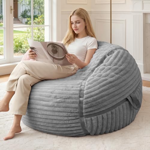 Image of 3FT Bean Bag Chair 3'Big Bean Bag Chairs with Adults, Large Beanbag Chair | Bean bags with Machine Washable Cover Corded Plush Fabric, Comfy Chairs for Living Room, Bedroom, Dorm, Lightgrey