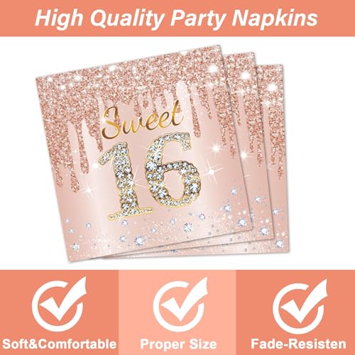 Image of 96PCS Rose Gold Sweet 16th Birthday Party Paper Plates and Napkins Sixteenth Birthday Party Decoration 16 Years Old Disposable Cake Dessert Tableware Set Serves 24 Guests Girls Ladies Supplies Favor | Sixteenth Birthday Party Decor 16 Years Old Disposable Cake Dessert Tableware Set Serves 24 Guests Girls Ladies Supplies