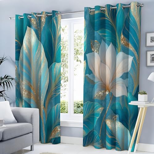 HASLEFND Cortinas Opacas con Estilo botánico de Lujo Flores Tropicales de Hojas Verdes 2 Piezas 140 x 175 cm, Azul Verdoso Cortina Ventana Dormitorio Cortina Anti Luz, Salon Cortinas Opaca Termica