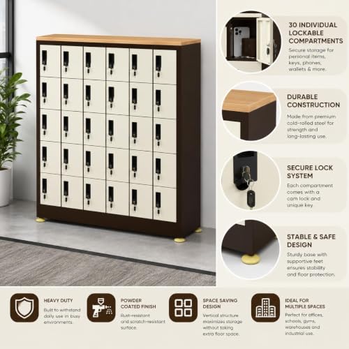 Image of Amazon Brand - Solimo 30-Door Mobile Locker Cabinet Heavy-Duty Lockable Steel Compartments for Phones Wallets & Valuables Powder-Coated Brown Finish Office School Gym Warehouse
